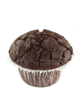 A double chocolate muffin isolated on a white background.