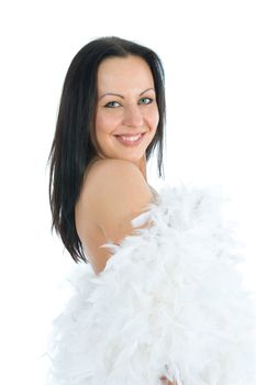 portrait of the brunette with blue eye on white background