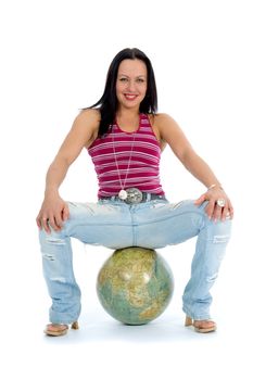 Young woman with  globe on  isolated background