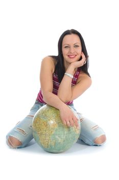 Young woman with  globe on  isolated background