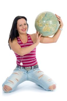 Young woman with  globe on  isolated background