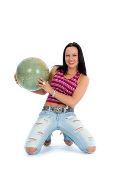 Young woman with  globe on  isolated background