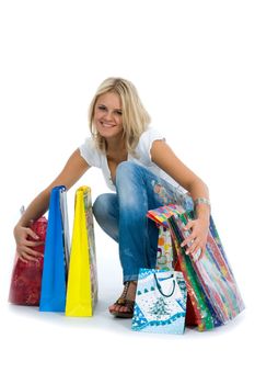 Beautiful woman with gift on white background