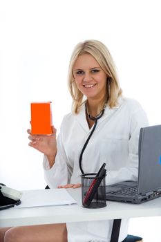 young doctor with stethoscope on isolated background