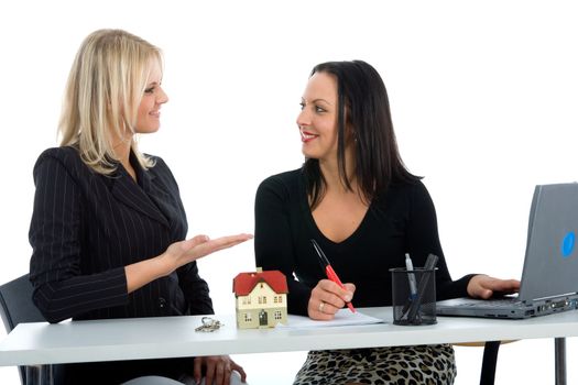 Business women advertises real estate on  white background