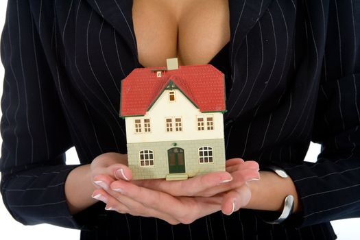 Business woman advertises real estate on white background