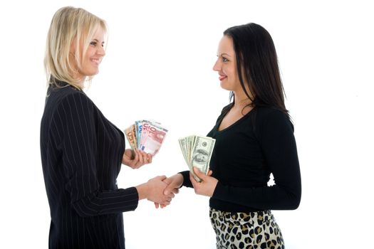 Business woman advertises real estate on white background