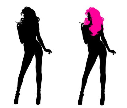 One woman silhouette with pink hair and one woman without