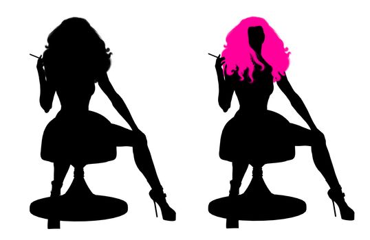 One woman silhouette with pink hair and one woman without