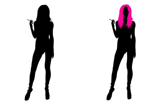 One woman silhouette with pink hair and one woman without