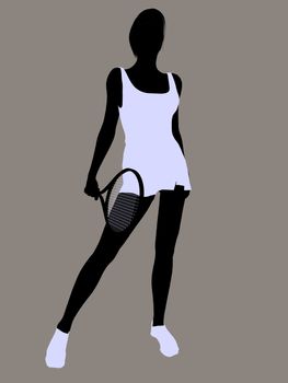 Female tennis player silhouette holding a tennis racket on a grey background.