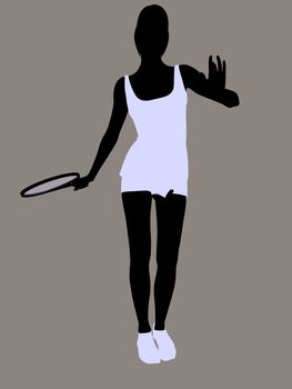 Female tennis player silhouette holding a tennis racket on a grey background.