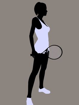 Female tennis player silhouette holding a tennis racket on a grey background.