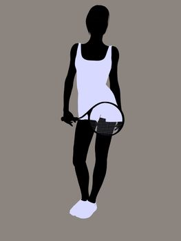 Female tennis player silhouette holding a tennis racket on a grey background.