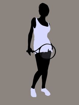 Female tennis player silhouette holding a tennis racket on a grey background.