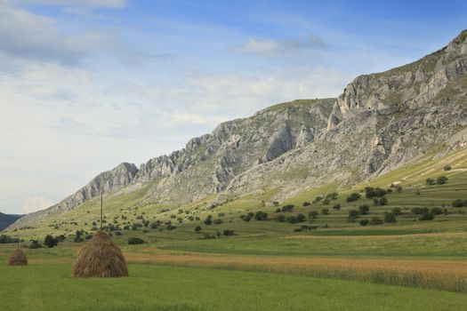 Mountaineous landscape with fields and hayricks.