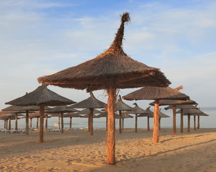 Thatched parasols on a tropical beach at sunset.