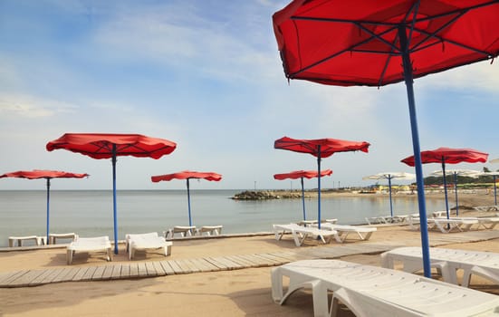 Parasols and sunbeds on a beach.