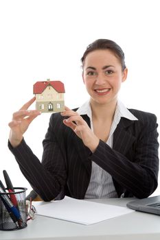 Business woman advertises real estate on  white background