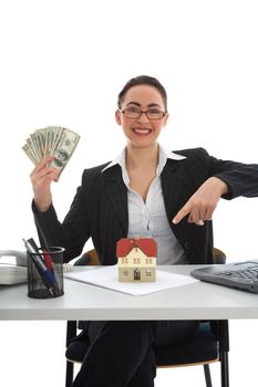 Business woman advertises real estate on  white background