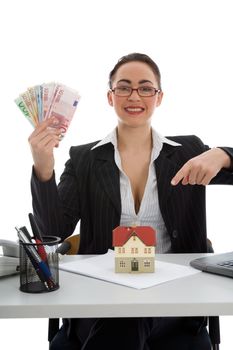 Business woman advertises real estate on  white background