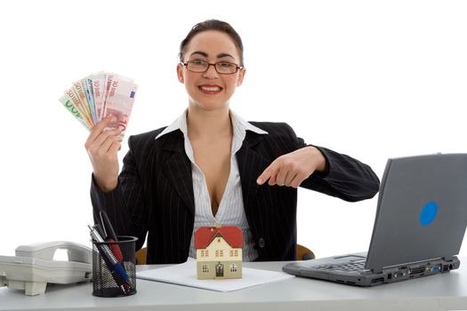 Business woman advertises real estate on  white background