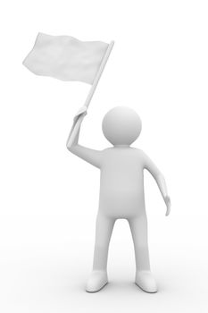 man waves flag on white background. Isolated 3D image