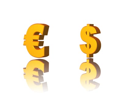 golden dollar and euro symbol on white background - 3d illustration