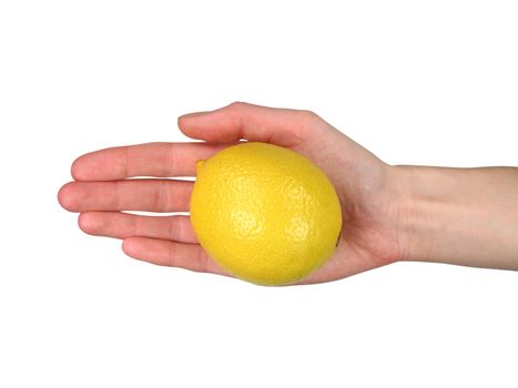 Woman's hand offering a ripe lemon. Isolated on white, with clipping path.