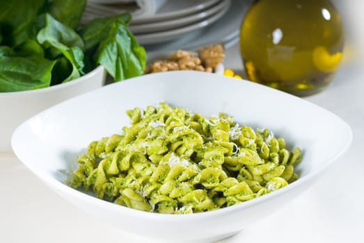 italian fusilli pasta and fresh homemade  pesto sauce