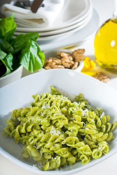 italian fusilli pasta and fresh homemade  pesto sauce