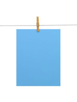 Sky-blue blank paper sheet on a clothes line. Isolated on white background. Contains two clipping paths: 1) paper, clothes line and clothespin; 2) paper only