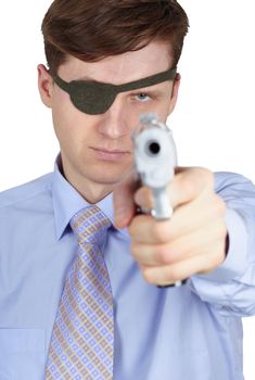 One-eyed robber threatens us with a pistol, isolated on a white background