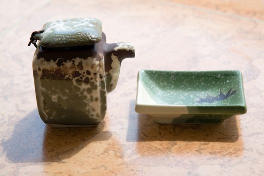 The japanese dinnerware on a marble table