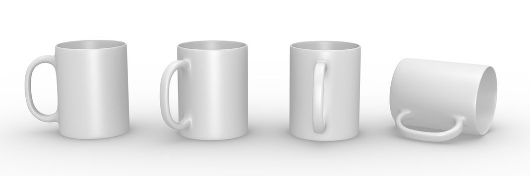 Set of white mugs in various viewing perspectives. 3D rendered illustration.
