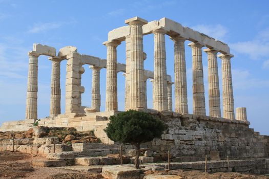 Remains of Temple of Poseidon, god of the sea in ancient Greek mythology, at Cape Sounion, near Athens (Greece).