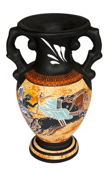 Replica of antique Greek vase isolated on a white background. It depicts Apollo riding the Chariot of the Sun.