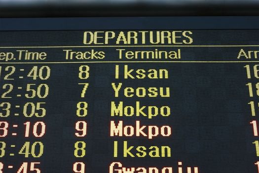 Train Departures sign board at Yongsan Terminal in Seoul