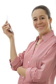 Attractive middle aged business woman holding a mobile phone on a white background