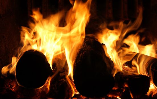 Flames dancing on burning logs in the fireplace.
