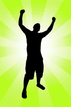 A young man joyously throws his hands up in the air over a green halftone background.  This includes the clipping path.