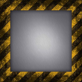 A diagonal hazard stripes border.  The inner part of the frame is brushed aluminum.