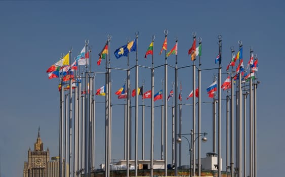 Circle of poles with flags of European countries on Europe Square in Moscow
