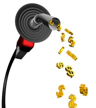 Dollar symbol coming out of a gas pump nozzle, isolated on white background