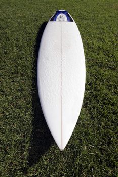 White Surfboard (Shortboard) With Three Fins Lying On A Green Grass Field