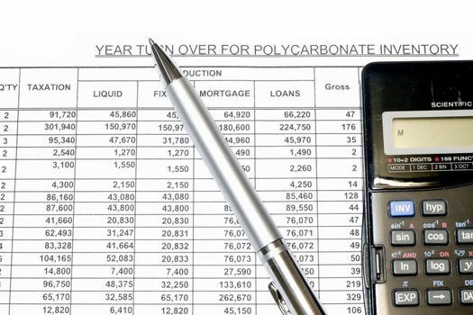 Spread sheet Review with calculator and pen 