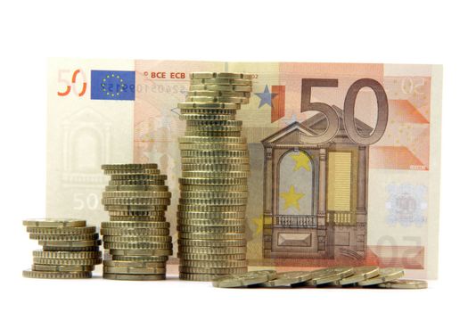 europian money piles of coins and fifty euro bancknote background isolated business and finance