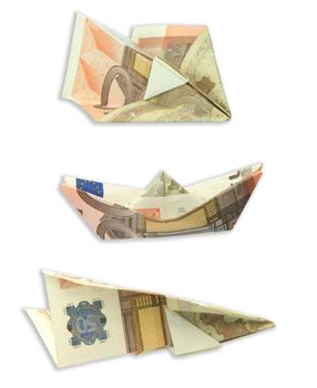trasportation figures made of euro banknotes airplanes and boat isolated on white background with clipping path
