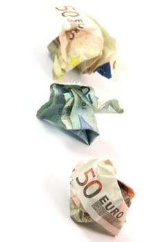 crumpled euro banknotes isolated on white background business and finance concepts
