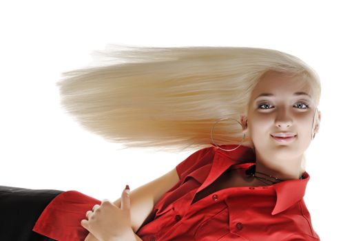 horizontal portrait of woman with long blond hair in red t-short